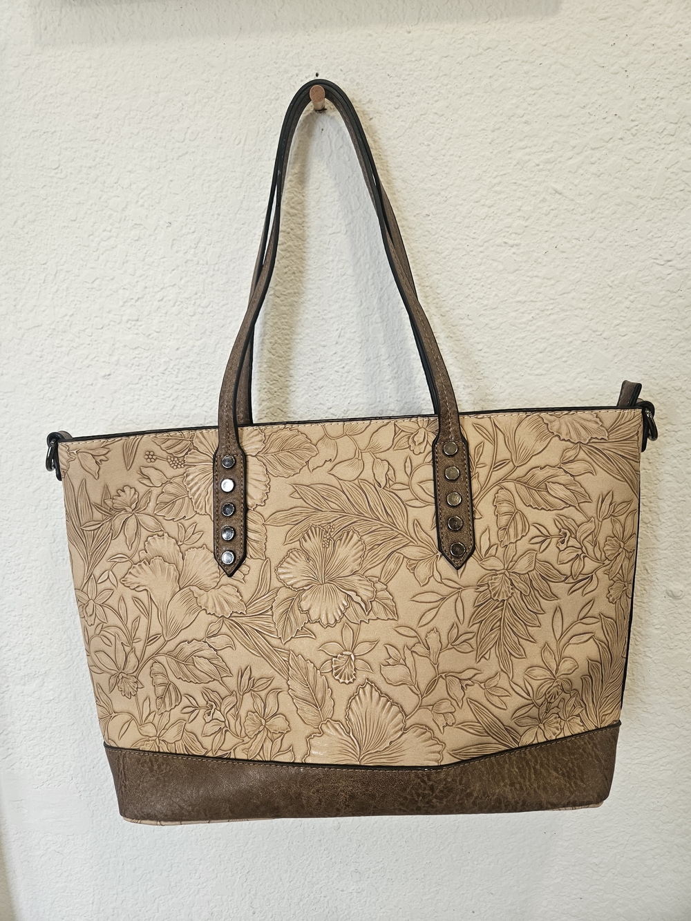 Treska Tooled Floral Faux Leather Tote Handbag Brown Hibiscus Tropical Studded